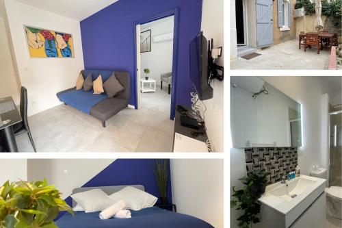 a collage of four pictures of a room at Le Grand Bleu TerrasseClimWifiNetflix Proche Gare-Centre in Marseille