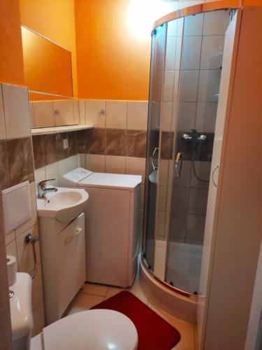 a bathroom with a shower and a toilet and a sink at Mieszkanie M3 in Szczytno