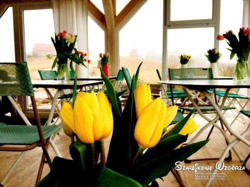 a group of tables and chairs with yellow flowers at Szarejkowe Wzgórza in Szarejki
