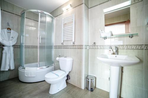 a bathroom with a toilet and a sink and a shower at Hotel Novi Sad in Novi Sad