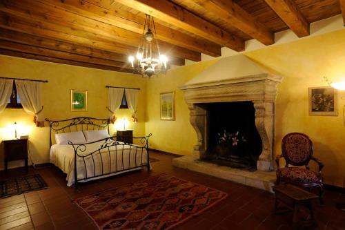 1 dormitorio con 1 cama y chimenea en Corte Beatrice, en Novaglie