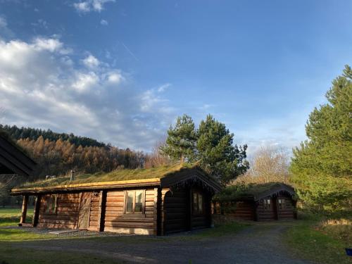 eine Blockhütte mit einem Grasdach darauf in der Unterkunft Log home village in Ulverston