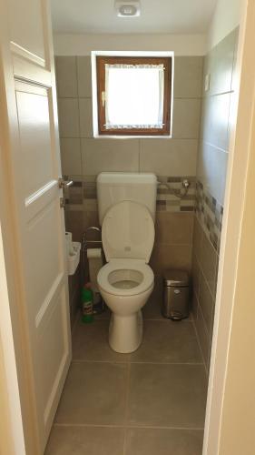a small bathroom with a toilet and a window at BástyaVár Családi Apartmanház - Gyula in Gyula