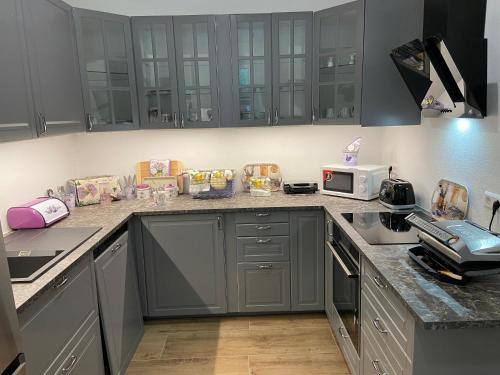a kitchen with gray cabinets and a counter top at Vordernberg Štýrské Alpy in Vordernberg