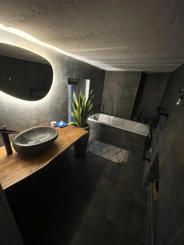 une salle de bain avec un lavabo et une baignoire dans l'établissement Appart 110m2 terrasse climatisé quartier médiéval, à Clermont-Ferrand