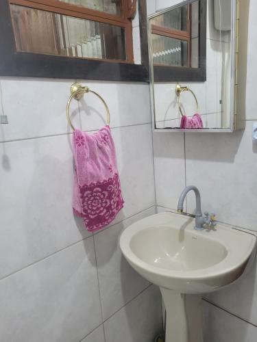 a bathroom with a sink and a pink towel at Chalé Itape in Guabiruba