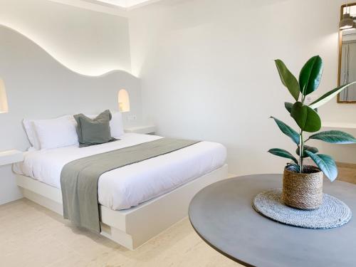 a white bedroom with a bed and a potted plant at Mod Santorini Vegan Boutique Hotel in Fira