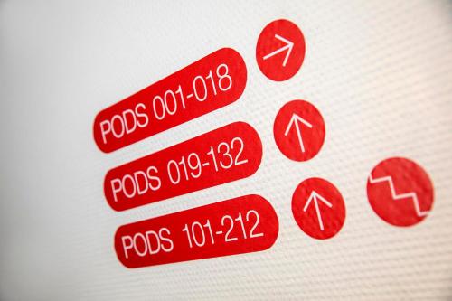 a group of red buttons with arrows and squares at City Trip Hostels Amsterdam-Purmerend in Purmerend