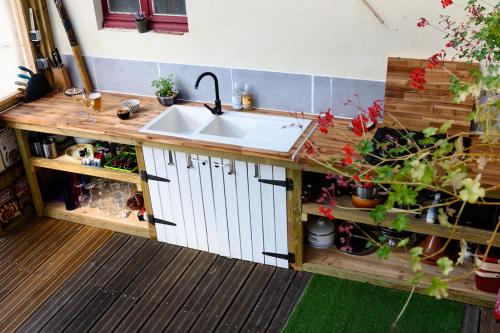 una cocina con fregadero y algunas plantas en The Secret Spot Lodge, en Azur