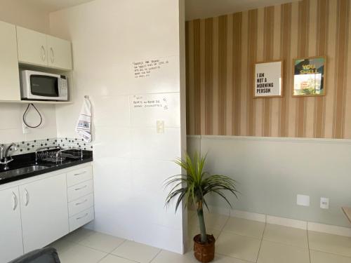 uma cozinha com armários brancos e um vaso de plantas em Hotel APART Zuccolotto 201 em Aracruz