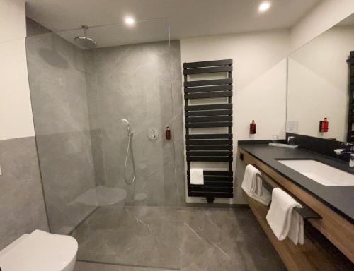 a bathroom with a shower and a toilet and a sink at Landhaus Bruckmann in Saerbeck