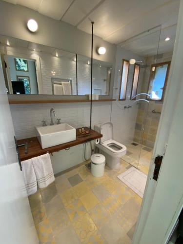 a bathroom with a sink toilet and a mirror at Auberge Suisse Pousada in Nova Friburgo