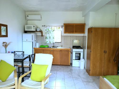 a kitchen with wooden cabinets and a table and chairs at Bay View Studio Apartment 3B - Canouan Island in Canouan