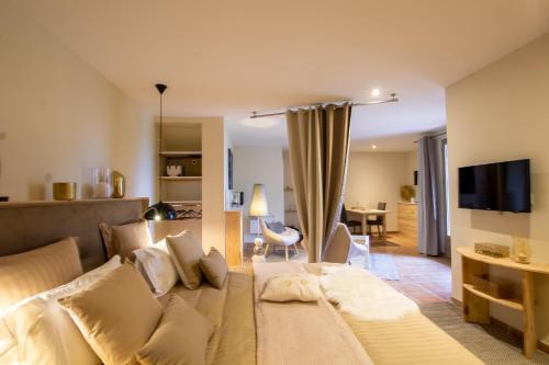 a living room with a couch and a tv in a room at Le Clos de la Tour in Sainte-Nathalène