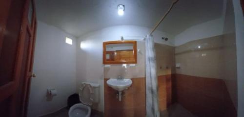 Cabañas camino real في Santiago: حمام مع حوض ومرحاض