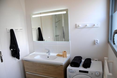 La salle de bains est pourvue d'un lavabo et d'un lave-linge. dans l'établissement Villa Jules Grand Gîte, à Agon-Coutainville