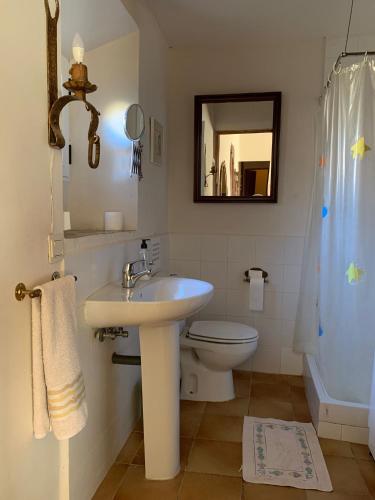 a bathroom with a sink and a toilet and a mirror at Casa Rural La Navarra in Villarrobledo
