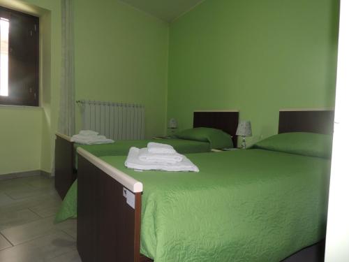 een groene slaapkamer met 2 bedden en groene muren bij Affittacamere Nebrodi in Capizzi