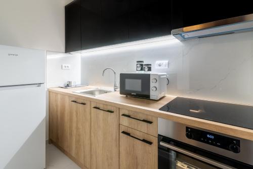 a small kitchen with a sink and a microwave at Daisy resort in Novi Sad