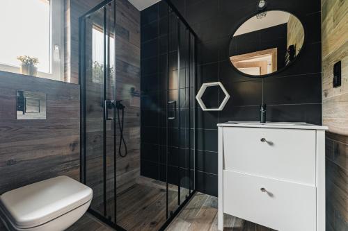 W łazience znajduje się prysznic, toaleta i lustro. w obiekcie SZARE DOMKI Szczawnica w mieście Szczawnica