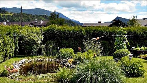 a garden with a pond in the middle of a yard at Alpinferienwohnung Neuhuber in Bad Goisern
