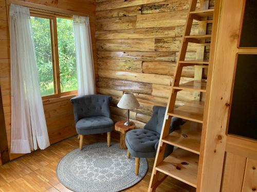 a living room with two chairs and a ladder at Charming cabin surrounded by nature in El Escudero
