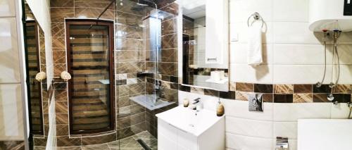a bathroom with a shower and a sink and a mirror at Avenija in Kragujevac