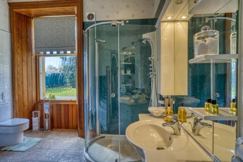 a bathroom with a shower and a sink and a toilet at The Old Bank House Self Catering Apartment Dornoch in Dornoch