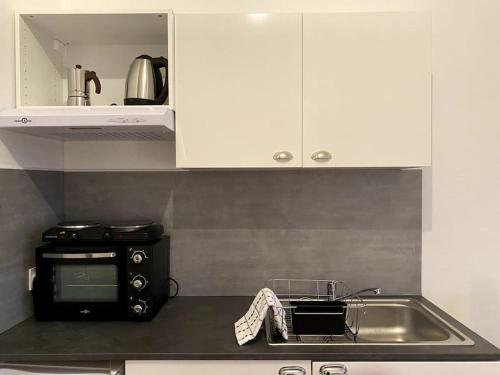 une cuisine avec un évier et un micro-ondes dans l'établissement La Tournette, à Annecy