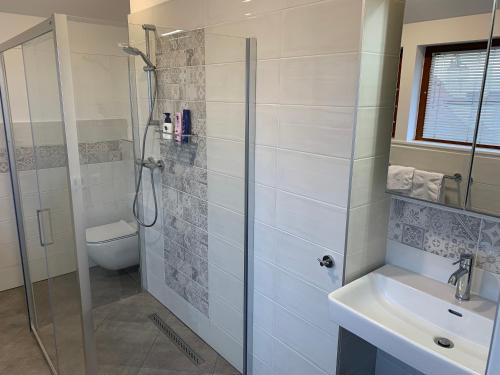 een badkamer met douche, wastafel en toilet bij Residence Sarka Top in Praag