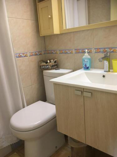 a bathroom with a toilet and a sink at Frente a Playa - 3 dorms, 2 baños, parking, WiFi, 2 cuadras MALLS in Viña del Mar