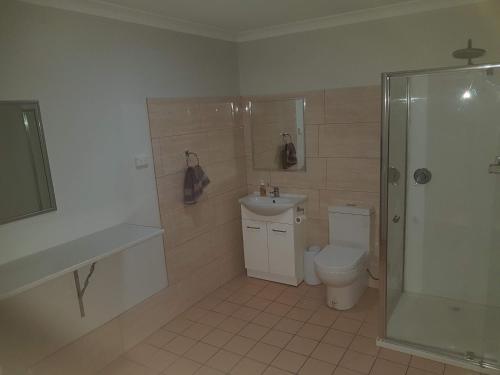 a bathroom with a toilet and a shower and a sink at Rhodeside Lodge in Geraldton