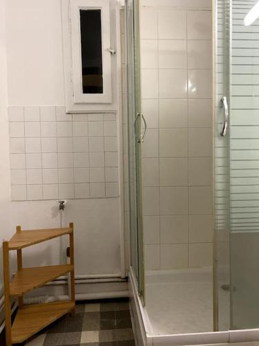 une salle de bain avec une douche avec une porte vitrée dans l'établissement Le mont veyrier, à Annecy