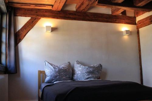 - une chambre avec un lit et 2 oreillers dans l'établissement Schloss-Muehlen, à Horb am Neckar