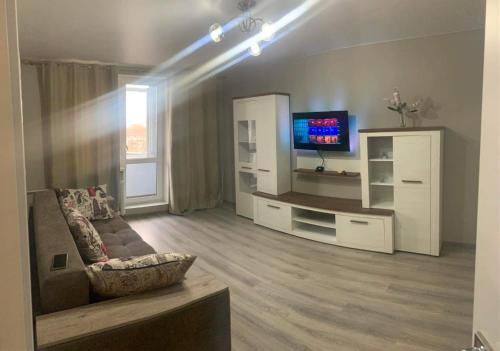 Uma TV ou centro de entretenimento em Lovely Brand New Apartment with 2 Rooms and Balcony