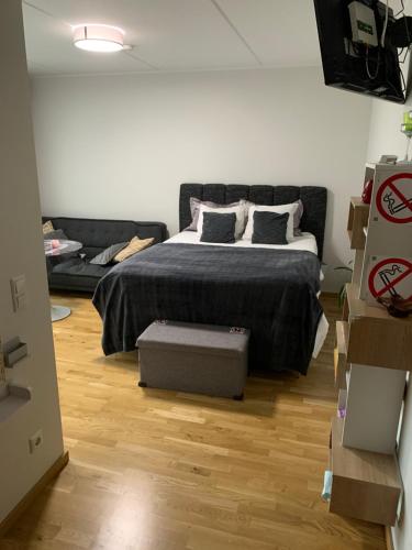 a bedroom with a bed and a couch at Oja 118 Apartment in Pärnu