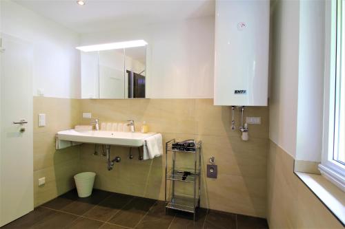 a bathroom with a sink and a mirror at Appartements Cilli in Neukirchen am Großvenediger