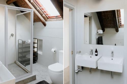 a bathroom with a sink and a toilet and a mirror at Das Loft in Paternoster