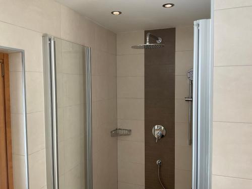 a shower with a glass door and a shower head at Alpenblick Bed & Breakfast in Vipiteno