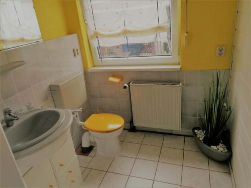 a small bathroom with a toilet and a sink at Ferienwohnung Kahlenberg in Thale