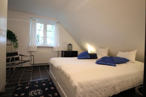 a bedroom with a bed with blue pillows on it at Friesenhaus Coast in Vollerwiek