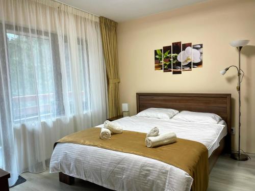 een slaapkamer met een bed met twee paar schoenen erop bij Apartament Lexannona Busteni in Buşteni