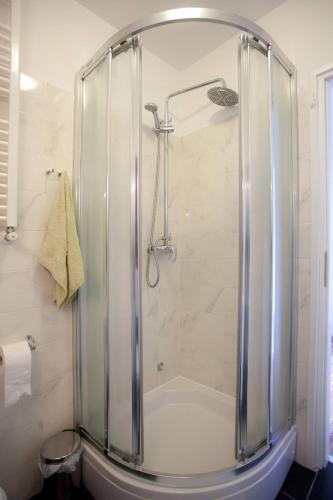 a shower with a glass door in a bathroom at Apartments Top Center in Zagreb