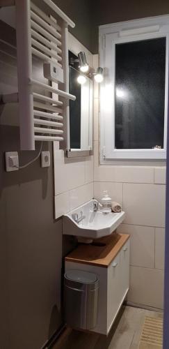 a bathroom with a sink and a window at Agréable petite maison avec jardin et parking in Chamvres