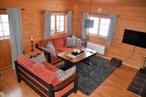 a living room with a couch and a table at Uvdalhytta - close to cross country and downhill skiing in Sønstebø