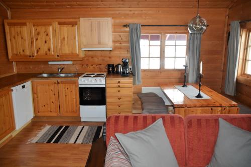 a kitchen and living room with a couch in a cabin at Uvdalhytta - close to cross country and downhill skiing in Sønstebø