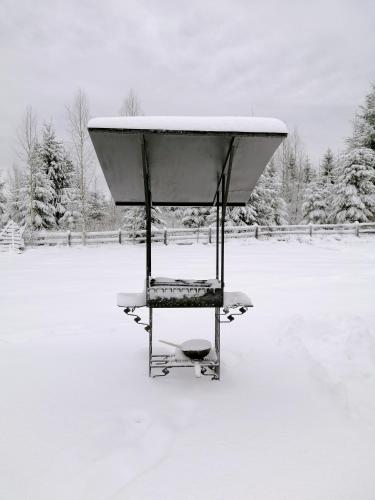a snow covered object sitting in a snow covered field at Шале Вілія in Vorokhta