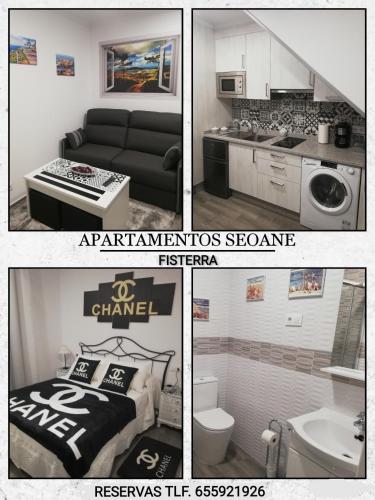 Apartamento SEOANE Bajo في فينيستيري: ملصق بثلاث صور لغرفة نوم وصالة جلوس