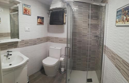a bathroom with a toilet and a sink and a shower at Apartamento SEOANE Bajo in Finisterre