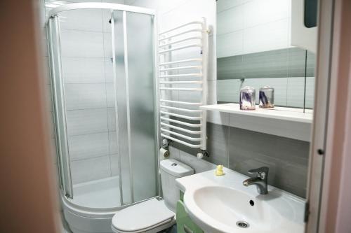 a bathroom with a shower and a toilet and a sink at Sweet Home Hostel in Chernivtsi